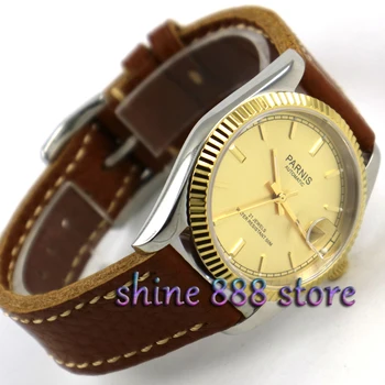  36mm Parnis Gold dial ar ādas siksniņu Safīra stikls Miyota kustības automātisko mens watch