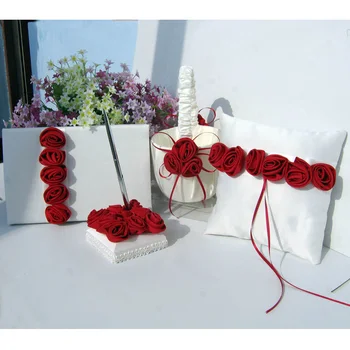  4gab/Eiropa Rožu dekoru Satīna Kāzu Gredzenu Komplekti Spilvens un Ziedu Grozu & Viesu Grāmata & Pildspalvu modes Līgava kāzu piegādes