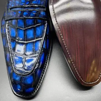 Chue jaunu krokodila ādas kurpes zilā krāsā berzes vīriešiem kleitu kurpes kāzu, banketu džentlmenis kurpes vīriešiem krokodils apavi