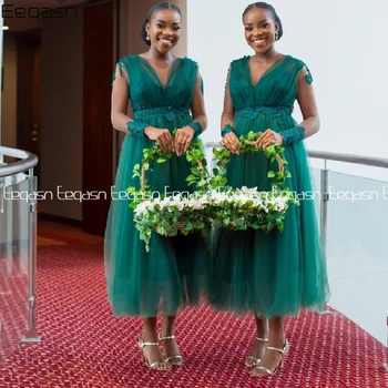  Eeqasn Āfrikas Zaļo Līgavas Kleitas 2020 V Kakla Tējas Garuma Drēbes Demoiselle D ' honneur Kāzu Viesu Kleita Sievietēm