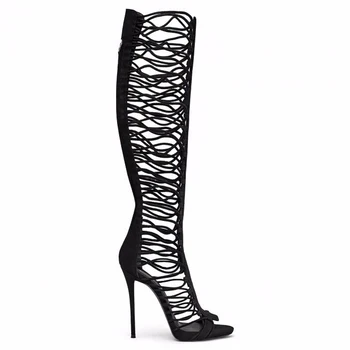  Jauno Modes Sieviešu Open Toe Strap Dizaina Ceļgalu Augstu Black Gladiator Zābaki Atpakaļ Rāvējslēdzēju Cut-out Augsta Papēža Ilgi Sandales Zābaki