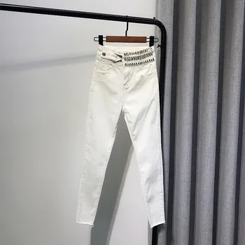  Jauns balts augsta vidukļa džinsus sieviešu pavasara un vasaras drēbes, saspringts plānas nelielu pēdu zīmuli garas bikses