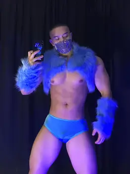  Jauns Vīriešu Sexy Fur Blue Skatuves Tērps, Tērpi, Naktsklubs, Bārs, Dziedātājs, Dejotājs Skatuves Šovs Muskuļu gogo Darbības Apģērbs