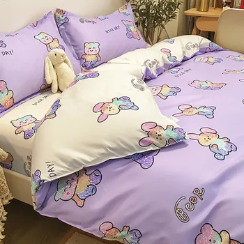  Korejas četru gabals gultas piederumi studentu kopmītnē vienvietīga gulta sega vāka karikatūra lācis mazgātas kokvilnas trīs gabals, kas