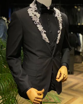  Kāzu Vīriešu Uzvalku Melnā Aplikācijas pieguļoša Žakete 2gab Līgavainis Laulības Puse Balli Pasūtījuma Tuxedos Jaka