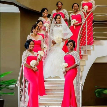  Lēti Sexy Āfrikas Sirēna Ar Garām Piedurknēm Ar Mežģīņu Bridemaid Kleitas Ar V-Veida Kakla Kāzu Viesu Kleitas Plus Lieluma Maid Of Honor 2020