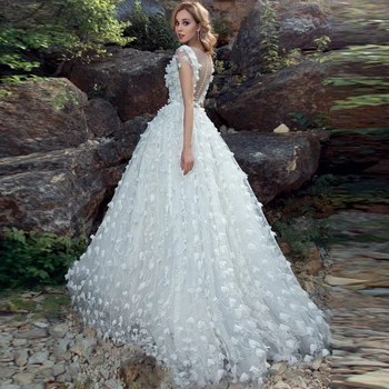  Milzīgais Kakla Līnijas Mežģīņu Kāzu Kleita 2020. Gadam Elegants Īsām Piedurknēm Ilūziju Bodice White/Ivory Ziedu Līgavas Kleita vestido de noiva