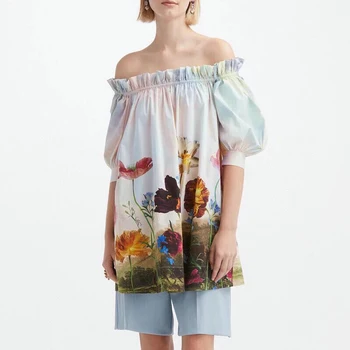  Modes Dizainere 2022 Pavasarī, Vasarā Kokvilnas Top Sieviešu Modes Ziedi Iespiesti Gugatnis Piedurknēm Brīvdienu Gadījuma Camis