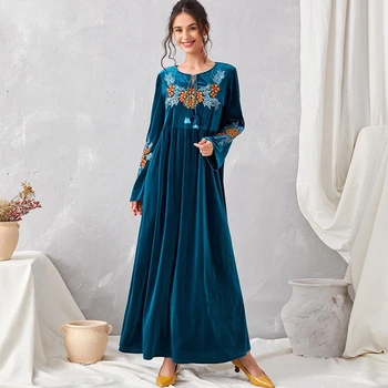  Musulmaņu Sieviešu Modes Zila Bieza Zelta Samta Izšuvumi Gadījuma Gara Kleita Drēbes, Balles Kleitas, Abaya Dubaija Indijas Kleita Vestido