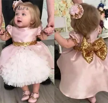  Rozā Puķu Meiteņu Kleitas Baby Toddler Apģērbu Pirmās Dzimšanas Dienas Kleitas Ar Zelta Sequined Loku Puse, Dzimšanas Dienas Photoshoot Kleita