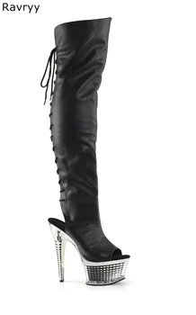  Rudens Modes Melns Krusts saistīts Sieviete ilgi boot platforma, papēža peep toe Sievietes ceļgalu-augstpapēžu zābaki sieviešu, kas darbojas rādīt kluba puses apavi