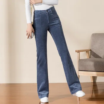  Sievietēm Gari Velveta Izlīdzināšanu Bikses Rudens Cietā Slim Kabatas Sieviešu Bell Bikses Streetwear Gadījuma Vintage Dāmas Apakšā