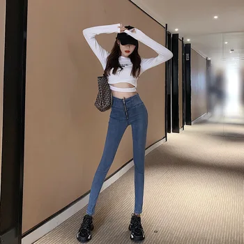  Sieviešu džinsi rudens korejiešu versiju traf Bikses modes rāvējslēdzēju augsta vidukļa elastīgās slim jeans gadījuma augsta vidukļa Sieviešu bikses