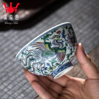  Tējas tase Jingdezhen roku darbs tējas komplekts Chenghua doucai Shuangfeng Tangzhi modelis zilā un baltā porcelāna Master Cup