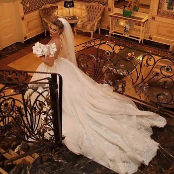  Vestido de noiva ir 2021. Luksusa garām Piedurknēm Baltā Mežģīņu un Tilla kāzu kleitas Pogu back (Atpakaļ) Kāzu Kleitu ilgi bumbu kleita Kāzu Kleitas