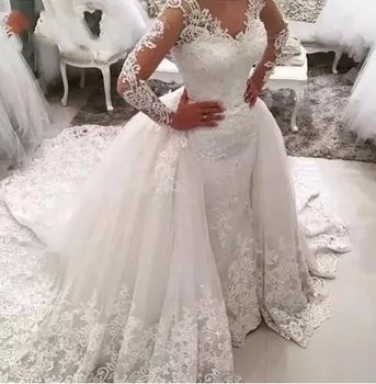  Vestido de noiva Lāce Nāriņa Kāzu Kleitu Pasūtījuma Noņemams Svārki Backless garām Piedurknēm Saūda Arābija Līgavas Kāzu Tērpi Dubai