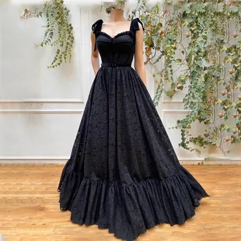 Vintage Hepburn Stils Melnā Mežģīņu Kāzu Kleitas Loku Siksnas Līnijas Gothic Klasisko Līgavas Kleitas Grīdas Garums Vestidos De Noiva