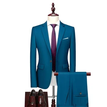  Vīriešu tīrtoņa krāsas uzvalks biznesa gadījuma formālās valkāt līgavainis kāzu kleitu korejas vienu pogu, bleizeri мужской костюм modes zila