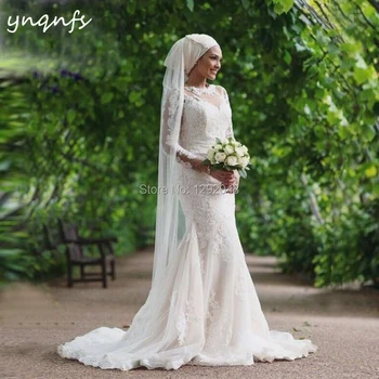  YNQNFS MW35 Drēbes de Mariee Dubai, ar garām Piedurknēm ar Mežģīņu Appliques Ar Plīvuru Hijab Kleita Pieticīgs Bridesmaids Kleitas Sirēna 2019