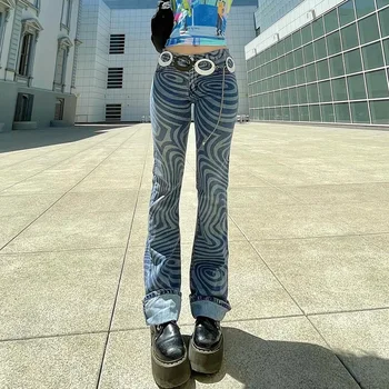  Zebra Drukāt Džinsi Wamen Augsta Vidukļa Gadījuma Džinsa Bikses Modes Fit Pilna Garuma Bikses Dāmas Zilā Taisnu Kāju Džinsi Streetwear