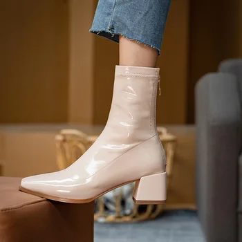  Īstas Govs Ādas Martin zābaki sieviešu lakādas kvadrātveida kājām vienā zābakus ar vidēja papēža rāvējslēdzēju modes zābaki