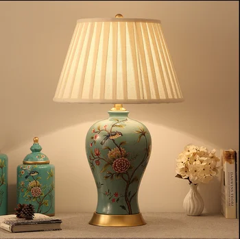  Ķīniešu ziedu putnu keramikas mazas Galda Lampas Eiropas pītas lina abažūrs vara bāzes E27 LED lampas gultas&foajē MF031