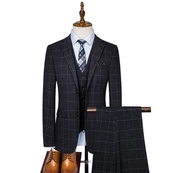  (Žakete+Veste+Bikses) Jauno Modes Boutique Pleds Ikdienas Biznesa Vīriešiem ir Uzvalks Vīriešu Slim Fit Līgavainis Kāzu Kleitu Darbības Smokings