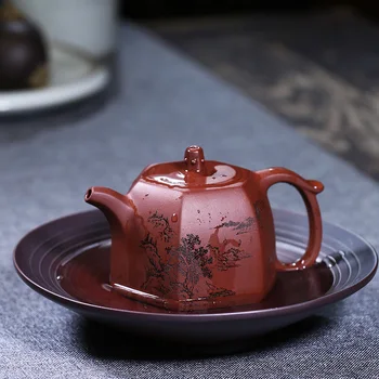  ★tējkanna Yixing roku cirsts sešas kvadrātveida tējkanna labi žogu No. 4 arī apakšā rieva Qing Zhu qianbing vienu pot tējas komplekts