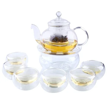  1 Iestatiet Tējkanna+Siltāks+6 Kauss 800ML Skaidrs Borsilikāta Stikla Tējas Katlā karstumizturīga Tases Tējas Ziediem