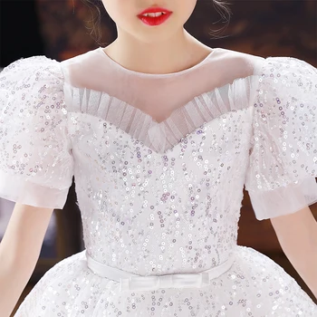  Balta Princese Kleitas Kāzu Spīdīgu Sequin Elsojošs Tilla Puķu Meitene Kleitas Pirmās Komūnijas Kleitas