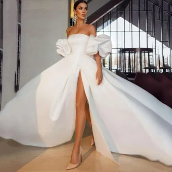  Baltas Satīna Kāzu Kleitas Puff Piedurknēm Sexy Līgavas Kleita Ir 2021. Strapless Sadalīt Pusē, Kāzu Tērpi Sievietēm Couture