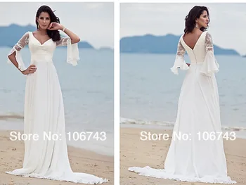  Bezmaksas piegāde jaunu stilu karstā pārdošanas Sexy v-neck līgava lēti beach kāzu kleitu Pasūtījuma mežģīnes pusi piedurknēm baltā šifona