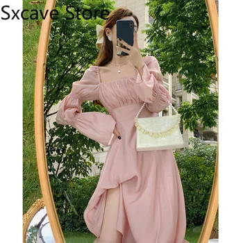  Dizains Rozā Midi Kleita Sievietēm Salds Vintage Elegants Viens Gabals Kleita Korejas Modes 2021. Gada Rudens Pasaku Augsta Vidukļa Puse Kleita Lady