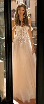  Mīļotā Kāzu Kleitu 2019 Pie Pleca 3D Ziedi Tilla-line Mežģīnes Līgava Kleitas Vestidos De Novia Princese Kāzu Kleitas