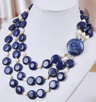  New3Rows Balts Akoya Kultivētās Pērles & Īstu Monētu Lapis Lazuli Rotaslietas Kaklarota