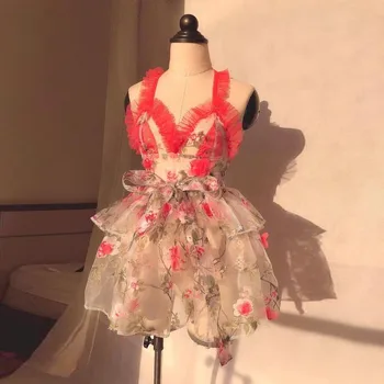  Oranža Rozā Transpapent Acs Ziedu Kleitu Ruffles-line Mini Tilla Kleita korejiešu Stilā Sieviete Drēbes Sexy Kleita Pasūtījuma