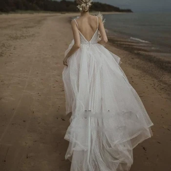  Princese Kāzu Kleitu Bohēmijas Zemniecisks Boho Civilās Slaucīt Vilcienu Līgavas Kleita Bez Piedurknēm Spageti Siksnas Beach Elegants Sieviešu