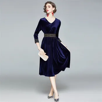  Rudens Ziemas Samta Kleita Sievietes, V-veida Kakla Vintage Kleita Augstas Kvalitātes Modes Midi-teļš Kleita Skrejceļa Virves Mujer 