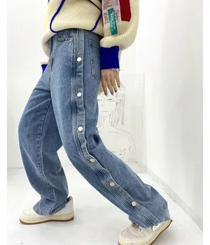  Sieviešu Y2k 90S Retro Streetwear bikses Vintage Jeans Zaudēt Garu Taisnu Lielajam Plaša Kāju Bikses Augsta Vidukļa Džinsus Sānu Pogas