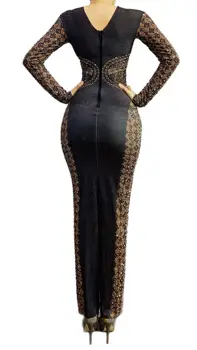  Sudraba Rhinestones Melns Modelis Gara Kleita Sieviešu Dziedātājs, Dejotājs Parādīt Spandex Posmā Jāvalkā Apģērbs, Balles Puse Kleita