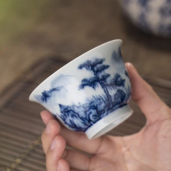 Tasi jingdezhen zilā un baltā ainava kung fu tējas kopa ar roku apgleznotus saglabātu spiedienu puses kausa izlases tējas tase